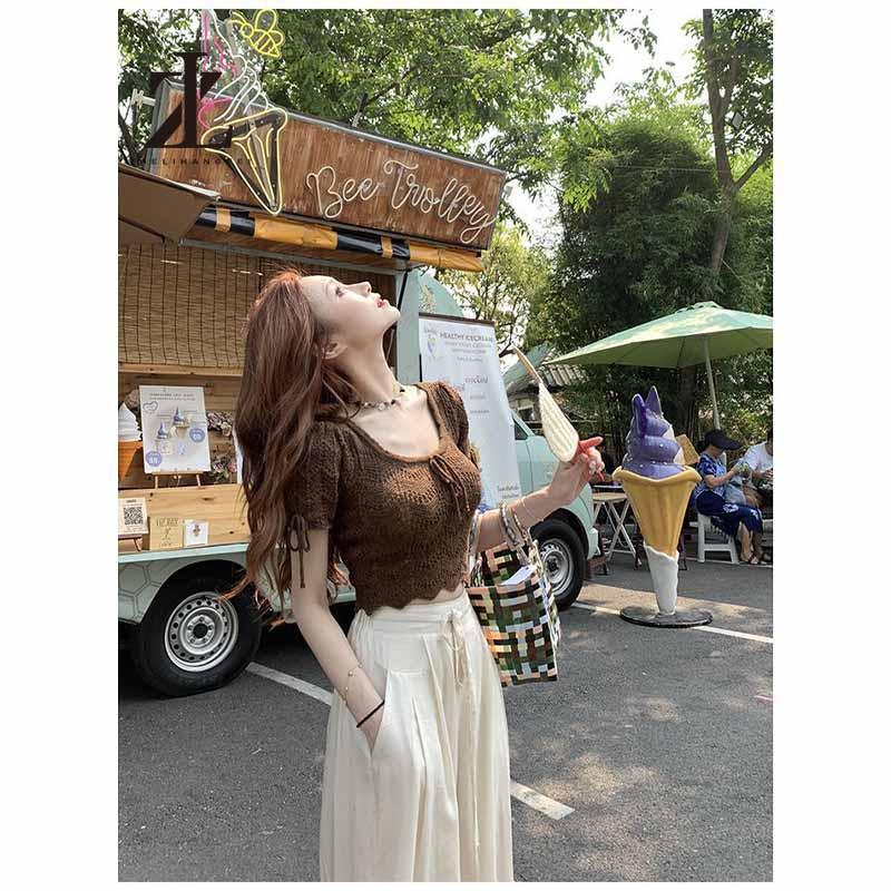 Áo Dệt Kim Tay Ngắn Cổ Vuông Dáng Ôm Thời Trang Cho Nữ