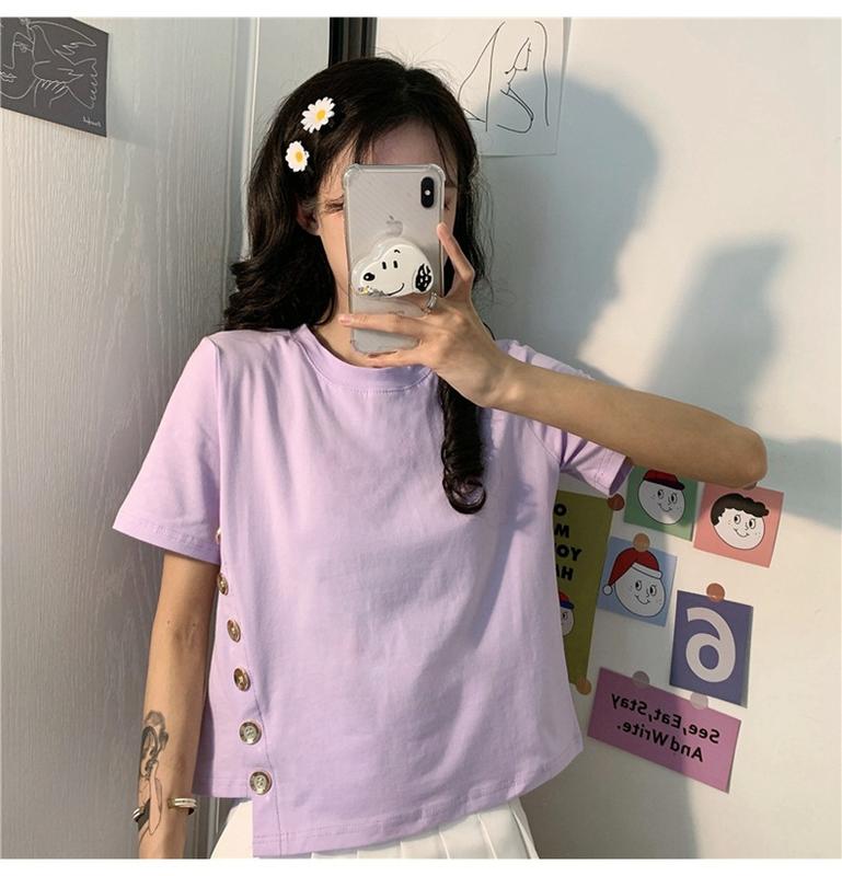 Product Introduction of Women's Short-Sleeved T-shirt 2020 Summer New Fashionable Stylish Ins Trendy Korean Versatile Short Type Design Sense Niche Top 13