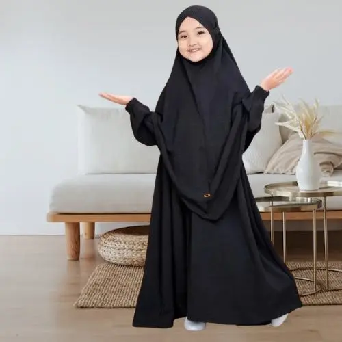 Khadijah Set gamis syarii plus hijab anak perempuan Muslim Crinkle Airflow Baju 3