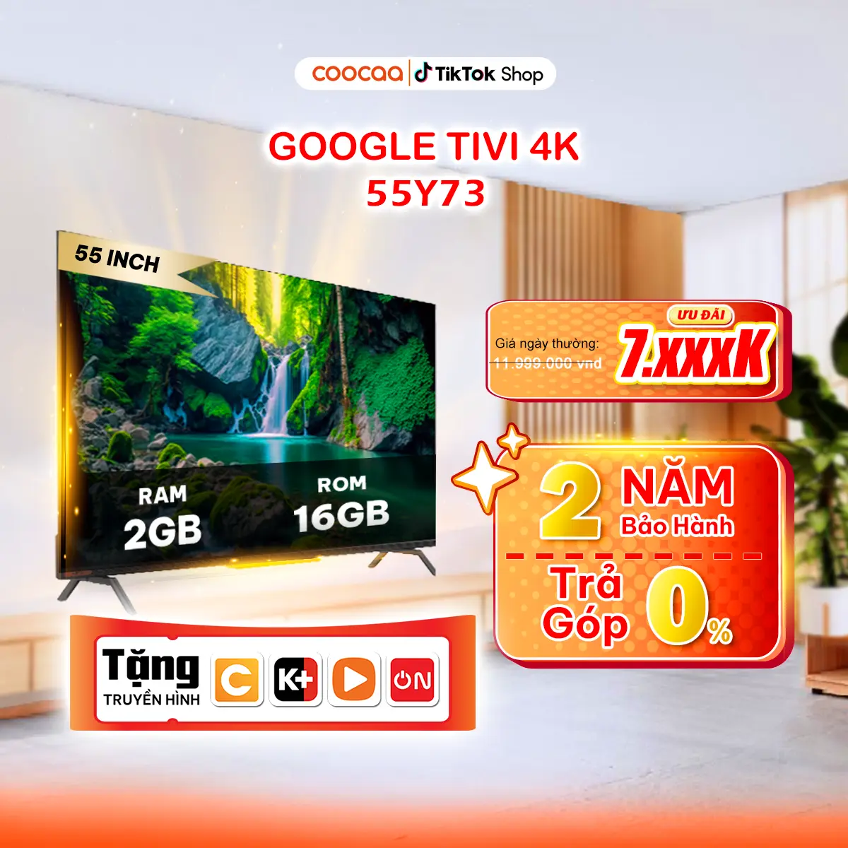 【DEAL CHÍNH HÃNG】Coocaa Google Tivi 55Y73 55 Inch - Độ Phân Giải 4K - Bảo Hành 2 Năm - Remote Điều Khiển Giọng Nói Có – Bluetooth - Kho Tàng Ứng Dụng  - Tìm Remote Thất Lạc- Wifi - Âm Thanh Dolby - Bảo Vệ Mắt - Xem Phim - treo tường tv