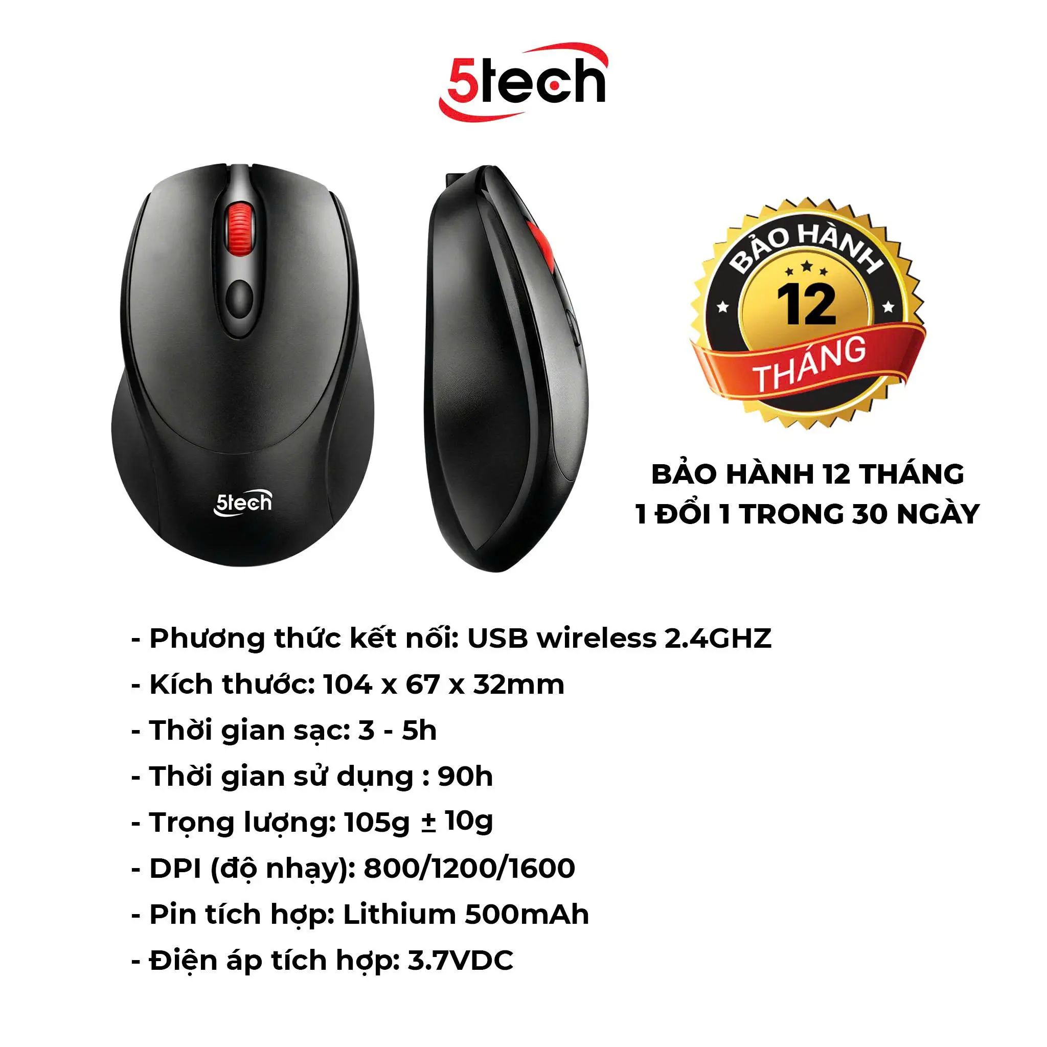 Chuột không dây 5Tech, chuột sạc pin, chuột kết nối đầu USB 2.4GHz, DPI 800-1600, chuột dành cho máy tính, laptop và những thiết bị có cổng kết nối USB 2.4GHz, chơi game mọi chế độ | BigBuy360 - bigbuy360.vn
