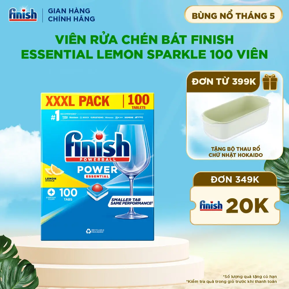 Viên Rửa Chén Bát Hương Chanh Finish Powerball Power Essential Lemon Sparkle - Dạng Thùng 100 viên siêu tiết kiệm