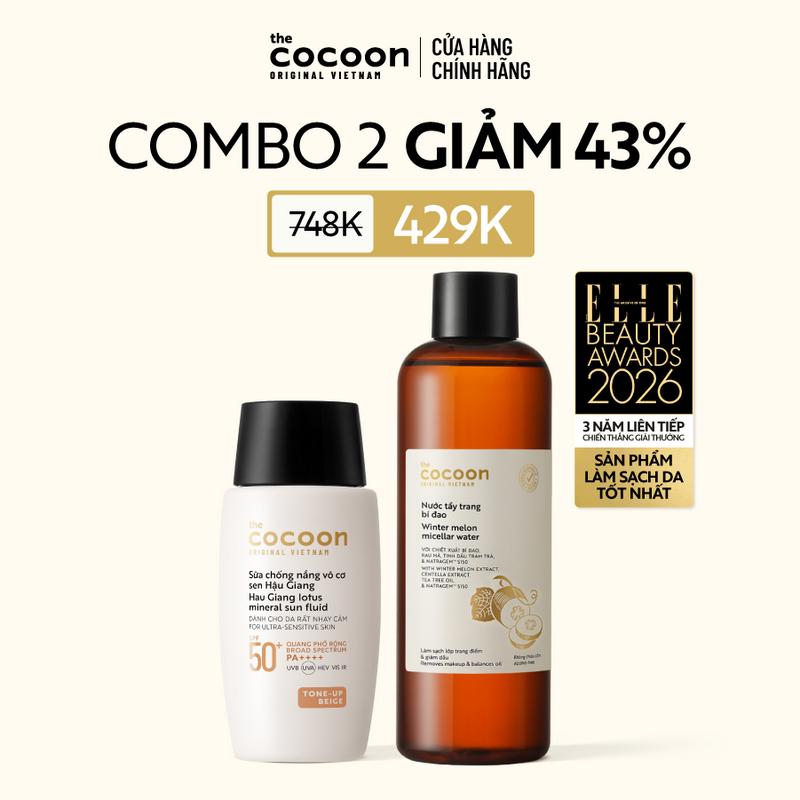 COMBO Sữa chống nắng vô cơ sen Hậu Giang - Tone up Beige Cocoon 50ml - Nâng tông tự nhiên, bảo vệ cho da rất nhạy cảm + Bigsize Nước tẩy trang bí đao 500ml
