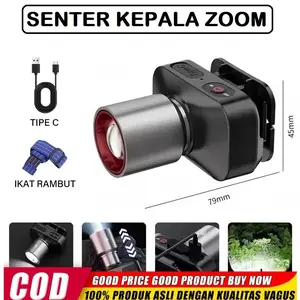 Senter Kepala LED Zoom Type L42 60Watt SmartBright Stepless dimming USB-C Layar Outdoor Anti Air Senter Camping Hiking