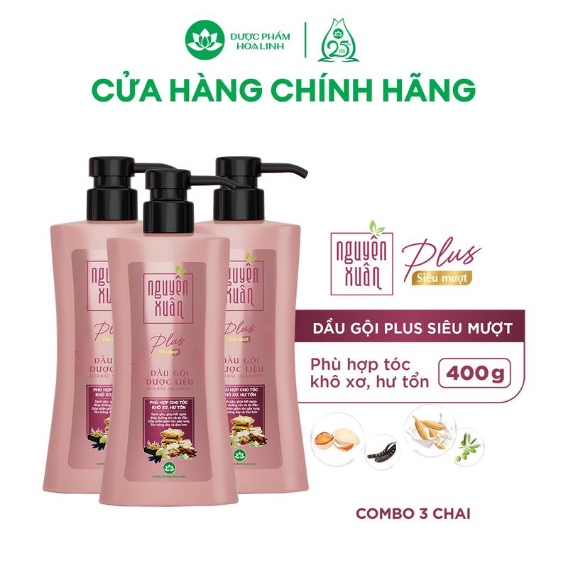 {Mới} Combo 3 chai Dầu gội Dược liệu Nguyên Xuân Plus Siêu mượt 400g - Dành cho tóc khô xơ, hư tổn