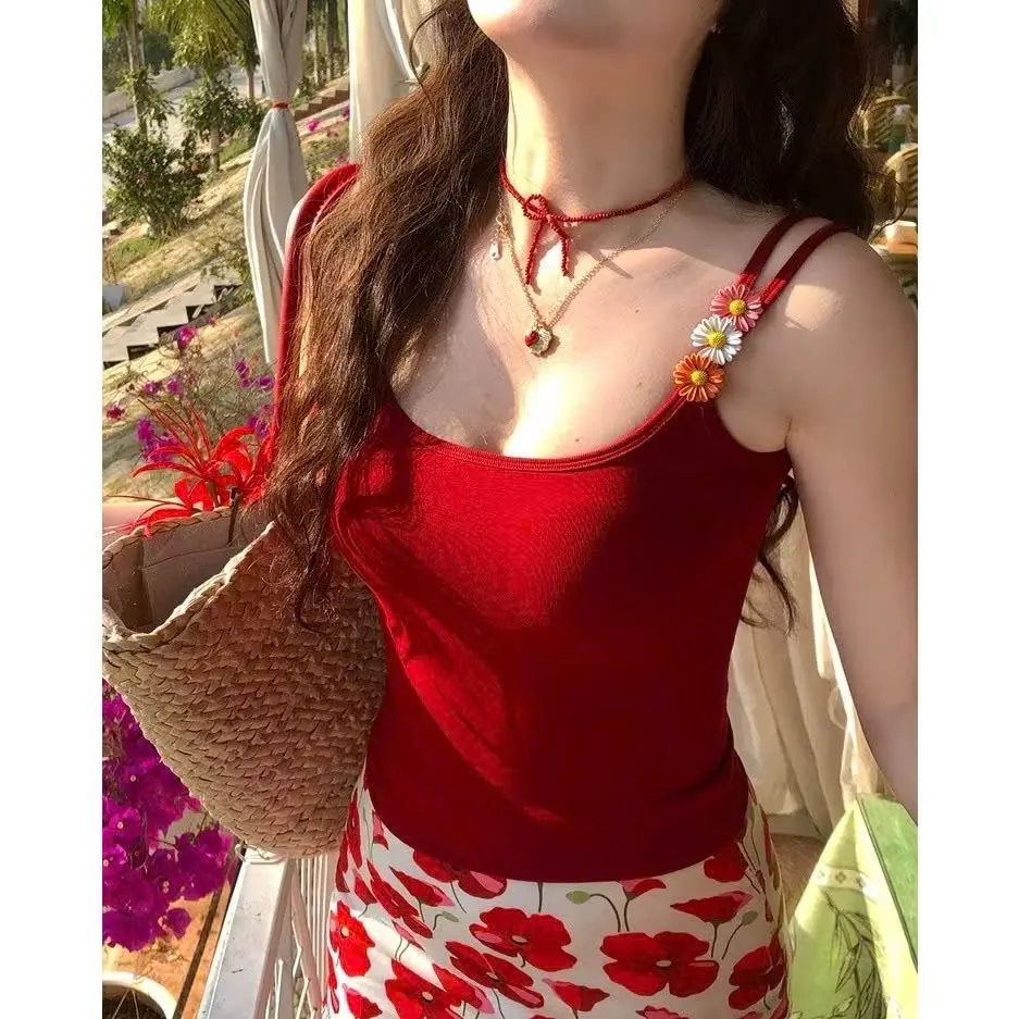 [Có Size] (Sẵn Hàng) ÁO HAI DÂY KÉP KÈM 3 CHARM HOA CÚC (Có thể gỡ và di chuyển hoa) Có Mút Chất Cotton mềm mịn form dẹp