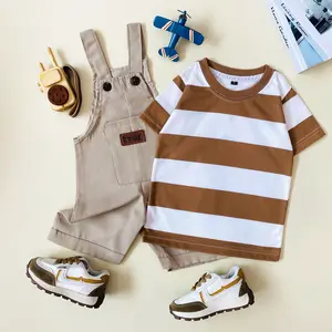 Setelan Anak Bayi Jumpsuit Overall Stripe Kaos Salur untuk Cowok dan Cewek Lengan