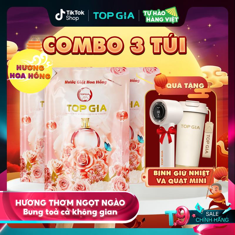 [TẶNG BÌNH + QUẠT] Combo 3 Túi  Nước giặt Lavender, Hoa Hồng TOPGIA 1L Tặng 1 Bình Giữ Nhiệt TOPGIA 500ML + 1 Quạt Mini Cầm Tay - Nước giặt xả quần áo ngừa khuẩn, hỗ trợ làm sạch, an toàn cho bé và lưu hương dài lâu, (1L) nth