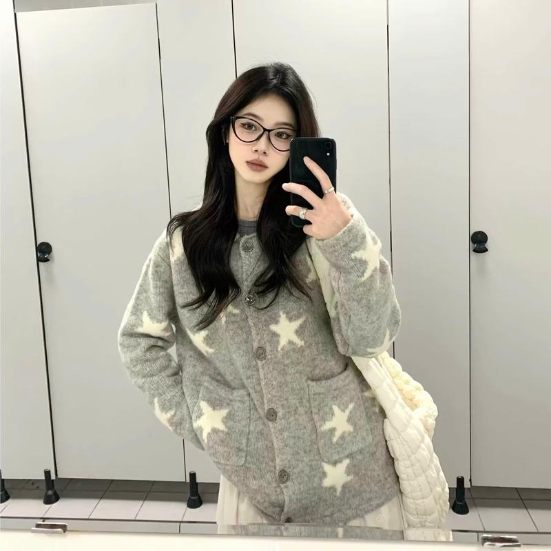   HÀNG QC  Áo len kiểu nữ AL728 chất len dệt kim họa tiết ngôi sao dáng khoác cardigan form rộng dài tay thu đông Hàn Quốc Kozoda 