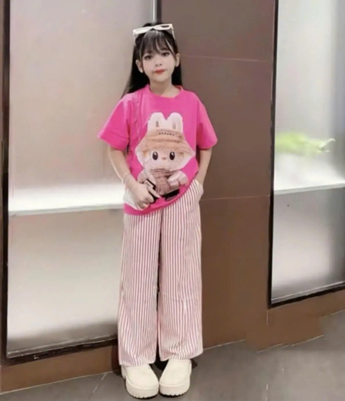 BỘ ÁO THUN QUẦN XUÔNG KẺ SỌC LABUBU CHO BÉ GÁI 13-44KG.