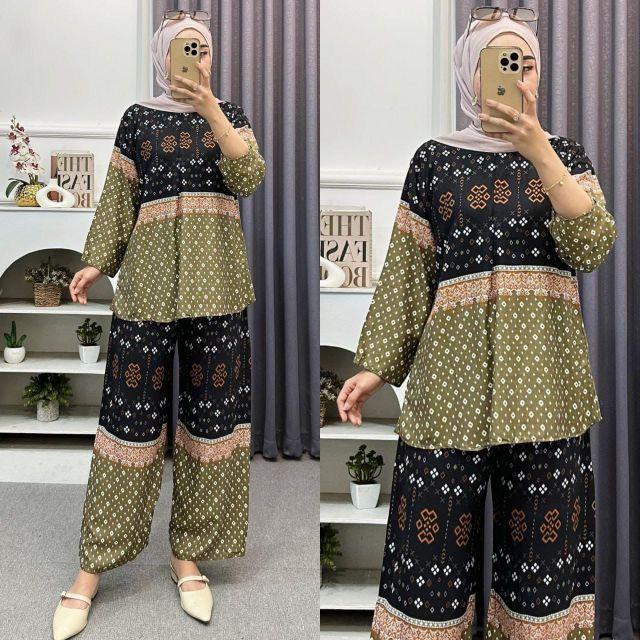 Setelan Wanita Oneset Wanita Setelan Rayon Celana Kulot Atasan Rempel Bahan Rayon Motif Adem Dan Nyaman  Baju Dewasa Remaja Panjang Santai Muslim Bawahan Lembut hitam Busui Rayon Premium Exclusive Kekinian Lebaran Atasan Wanita Celana Kulot
