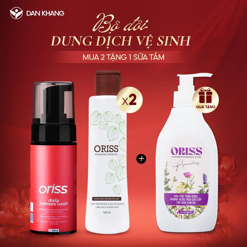 [LIVE] Combo Dung dịch vệ sinh Oriss hỗ trợ làm sạch dưỡng ẩm lưu hương nước hoa (1 Bọt vệ sinh Oriss Daily Intimate Wash + 1 Dung dịch vệ sinh trầu không dạng gel)