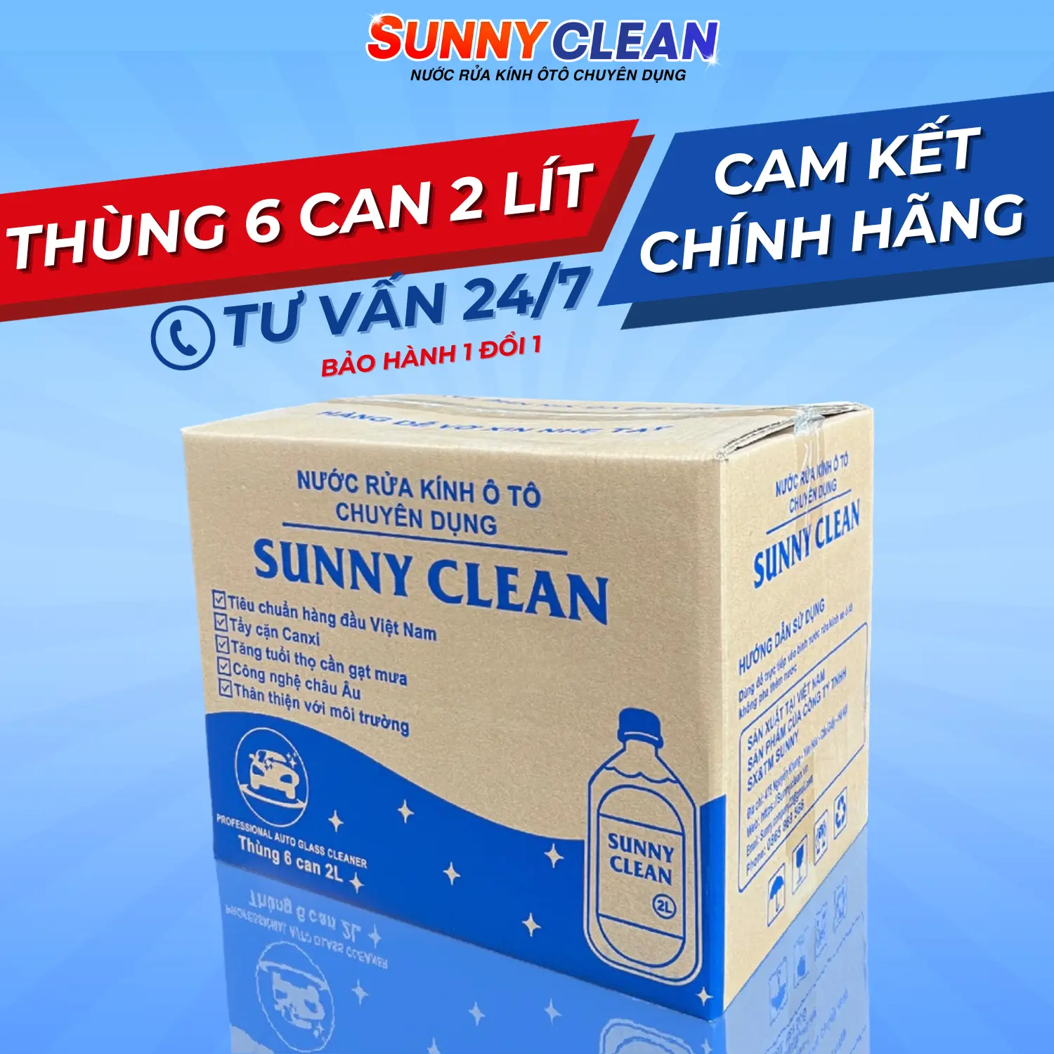 [Thùng 6 Can 2 Lít] Nước Rửa Kính Ô Tô SunnyClean Chính Hãng,Không Cần Pha Loãng,Hạn Sử Dụng 2 Năm