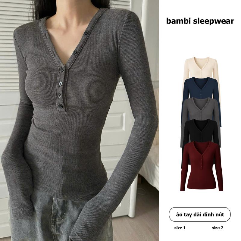 không khăn ĐA DẠNG CHẤT LIỆU Áo thun nữ dài tay đính cúc cổ trụ cổ V 6 nút mùa thu đông