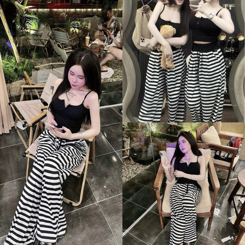 Set bộ áo 2 dây kèm quần sọc Đen xuông ống rộng basic kiểu sang chảnh  -H71