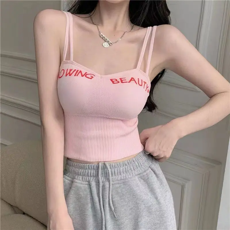 Summer Tank Top Crop Tops Slim Sexy With Bra Pad Women's Spaghetti Strap Pink Vest Female Letter Backless Corset Ladies Camisole