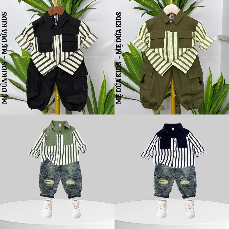 TỔNG HỢP BỘ sơ mi hoặc Lẻ Áo sơ mi dài tay BON cho bé trai cá tính áo chất đũi kèm quần jean mềm cho bé sz 8-26kg