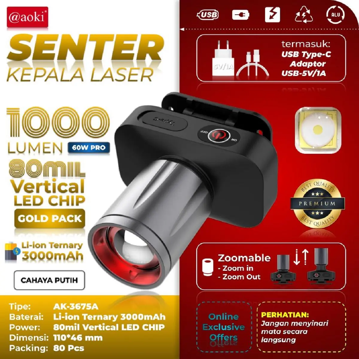 AOKI Lampu Senter Kepala LED Zoom Aoki AK-3675A 60W dengan Cahaya Maksimal 1000 Lumen dan RechaargerPro