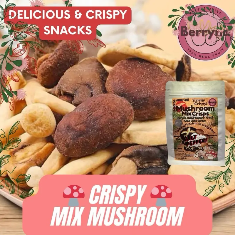 Berryna Jamur Cemilan  Keripik Jamur campur Kering Garing Mushroom Mixed Crispy cemilan keripik jamur garing campur mushroom Crisp  sayuran kering 40g