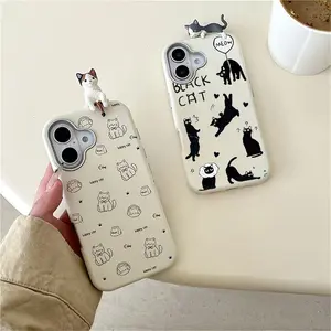 Casing iPhone Kucing Hitam Lucu untuk iPhone 11-16 Bahan TPU Tekstur Kulit Desain Tatu Panther Pink Proteksi Baik dan Nyaman