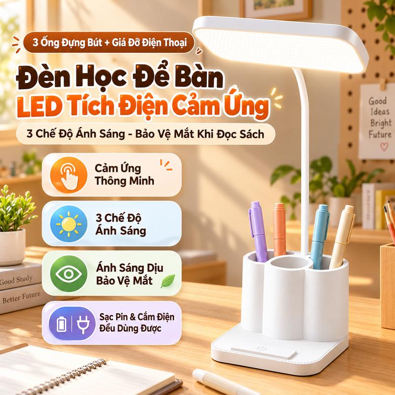 Đèn Học Để Bàn ARTNEXTECH Loại Tích Điện, Đèn Đọc Sách Làm Việc Bảo Vệ Mắt Cảm Ứng Sạc PIN Không Dây LED 3 Chế Độ Ánh Sáng