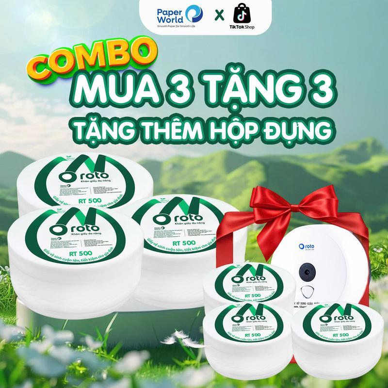 [Mua 3 Tặng 3-Tặng Thêm Hộp Đựng] Giấy Vệ Sinh Cuộn Lớn - Tự Hào Việt Nam 80 Năm  2 lớp ROTO Thế Giới Giấy mềm mịn, có lõi -  RT500 Toilet