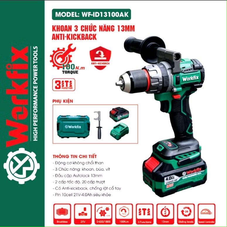   Chính hãng  Máy khoan pin Workfix WF-ID13100AK lực siết 100Nm đầu kẹp 13mm 3 chức năng không chổi than có anti-kickback và turbo 