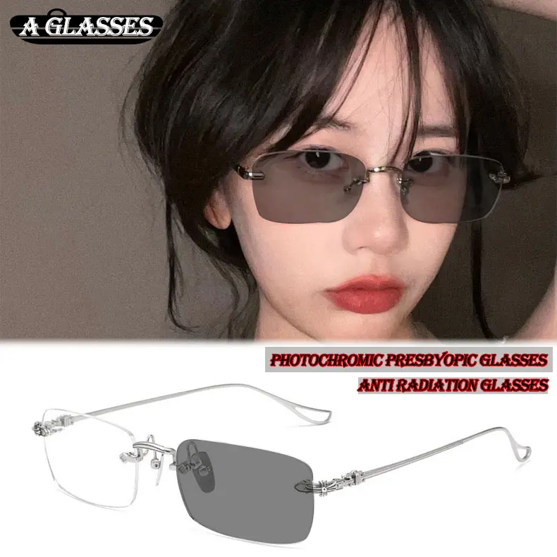 (+0~+300)Photochromic Anti Radiation Rimless Eyeglasses For Women Men Transition Computer Eyewear Frameless Eyeglasses mirror glasses sunglasses  men glasses  round  face