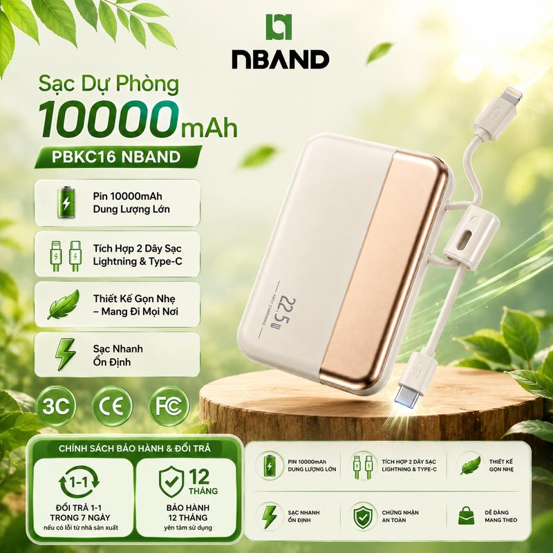 [Xả Hàng] Pin Sạc Dự Phòng NBAND PBKC16 10.000mAh – Sạc Nhanh 22.5W, Tích Hợp Cáp Type-C & Lightning, Thiết Kế Nhỏ Gọn