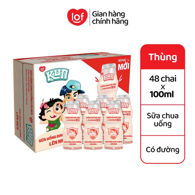 Sữa chua uống Kun dinh dưỡng lên men có đường thùng 48 chai x 100ml-ST