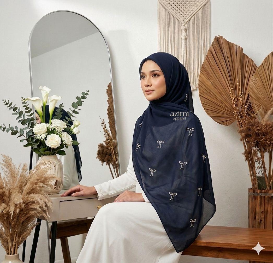 Azimi Apparel - hijab segi empat bordir pita kecil paris jadul Kerudung Nyaman Muslim