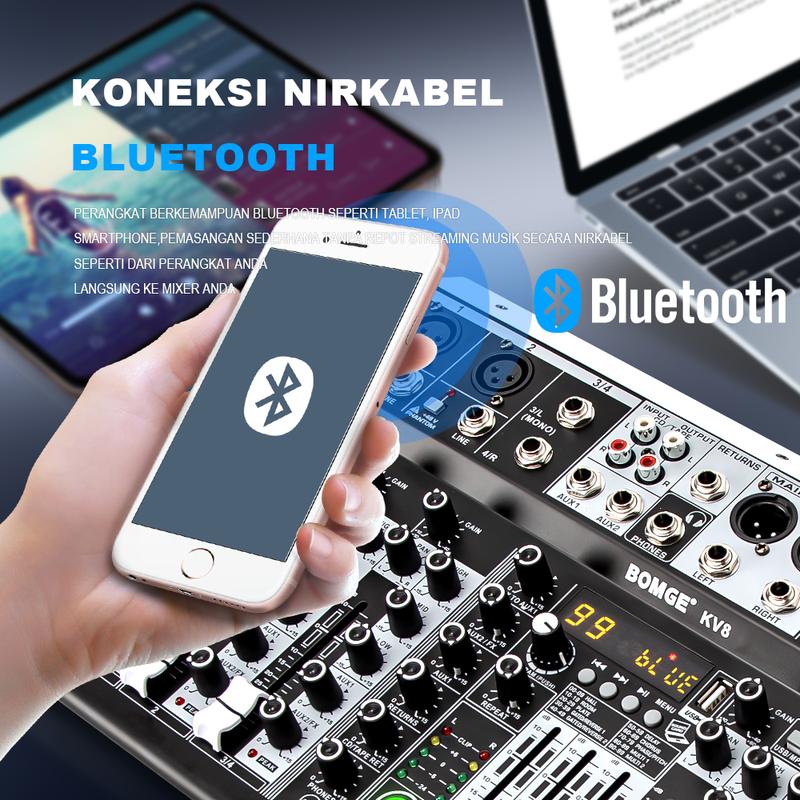 Product Introduction of BOMGE 4/6 Channel Audio Interface Sound Board Mixing Console 16-Bit 99DSP DJ Mixer Audio Reverb Effect +48V Phantom Bluetooth Studio Audio Mixer For Karaoke Studio Streaming 7