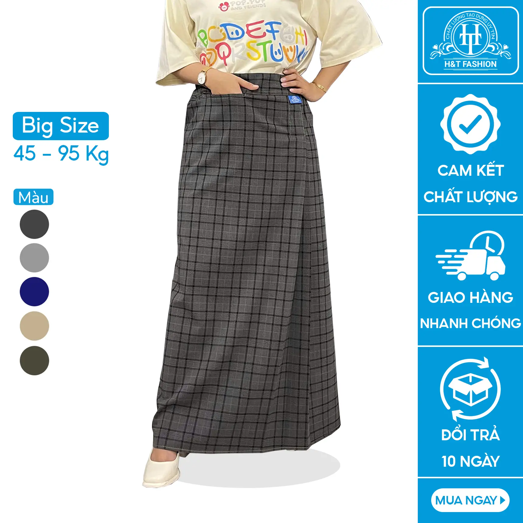 Váy chống nắng bigsize cho nữ dưới 95 kg (Bầu mặc được) vải kaki cotton mềm mát có 3 nút bấm lưng để điều chỉnh H&T FASHION
