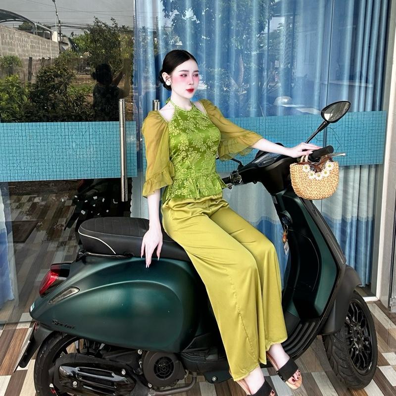   Gấm bèo tay loe voan Set bộ quần áo bèo yếm gấm tay loe TY2221 Thư Ying Shop áo có mút-túi quần  