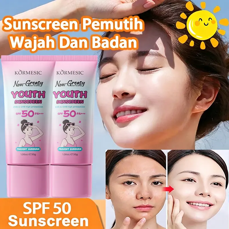 Now-Greaky YOUTH SUNSCREEN SPF 50 Sunscreen Whitening Sunblock Cream Wajah Dan Badan Tabir Surya Brightening Sunscreen Sun Protect Moisture Mencegah Penuaan Dini Pelindung dari Sinar Matahari UV Protection Cream Tidak Lengket Tahan Air Double Refreshing