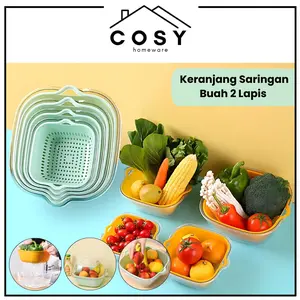 COSY Keranjang Pengering Buah Wadah Cuci Buah Sayur 2 Lapis Estetik Kualitas Tinggi / Baskom Tempat Tirisan Sayuran Double Layers Plastik Saringan
