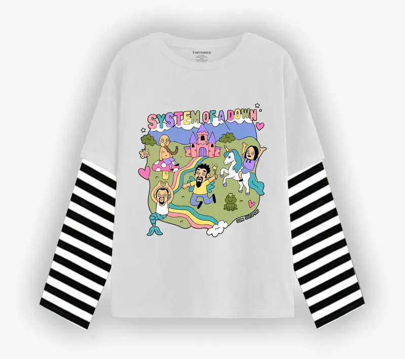 Yinyanks TrdMrk T-shirt Double layer salur System of a down carton long sleeve kaos pria wanita Katun Keren Nyaman Panjang 3