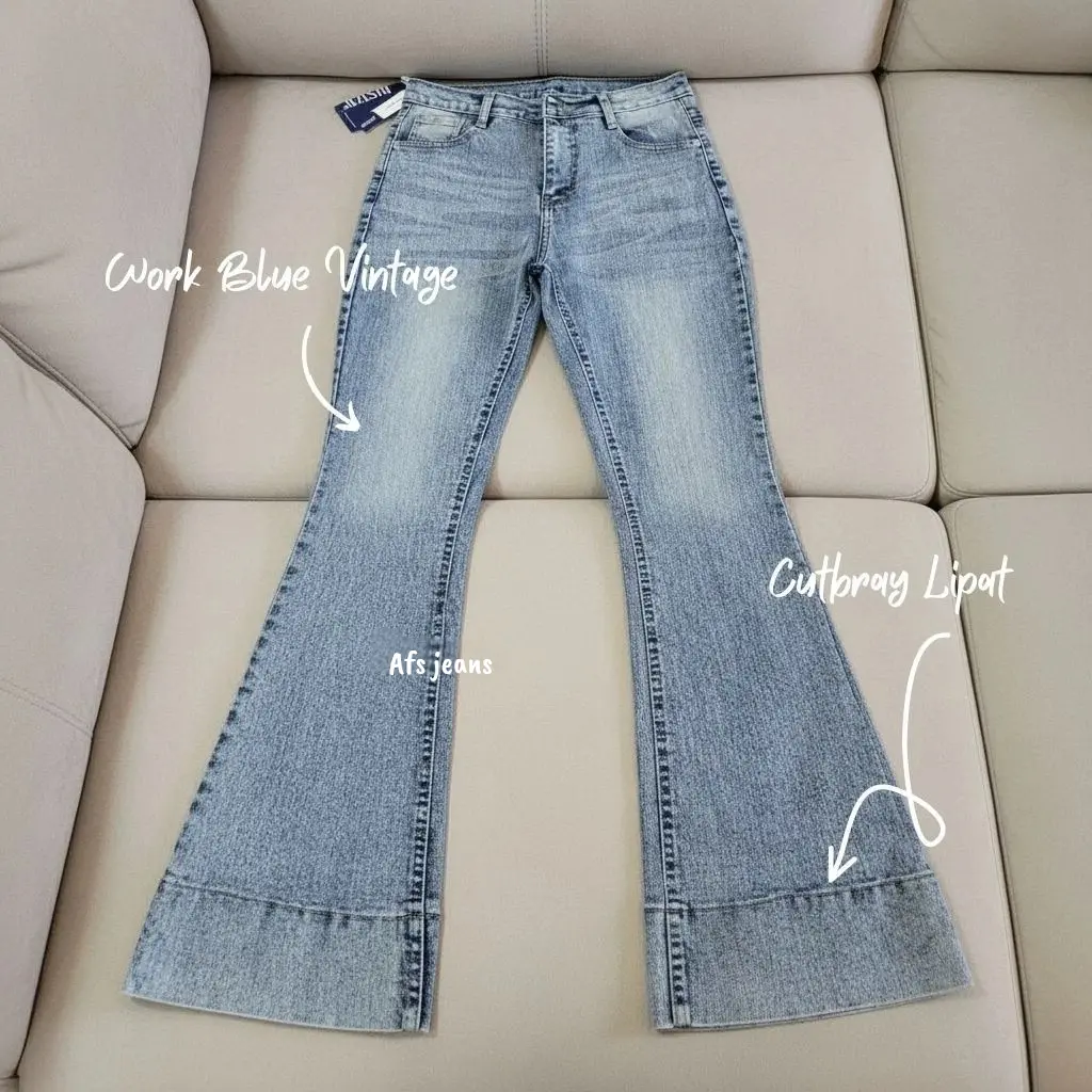 Jennie-HighWaist Cutbray Jeans Celana Flare Panjang Stretch Wanita Retro Vintage Lipat Bawah