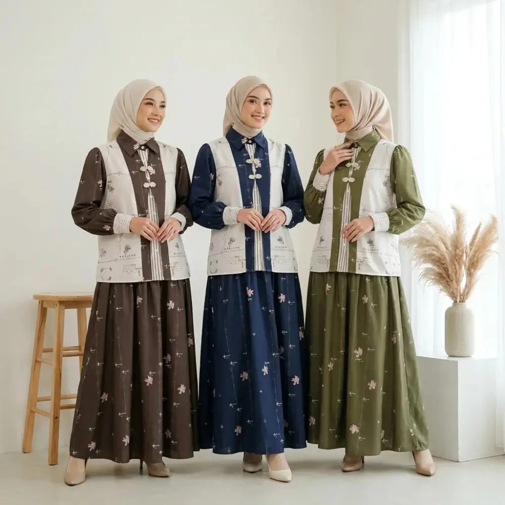 Asaya Setelan Wanita 2in1 Blouse Lengan Panjang Motif Print Kombinasi Bunga + Rok Panjang Highwaist Elegan Model Kekinian