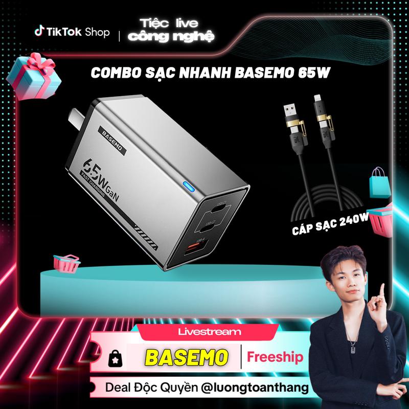 [CAM x LTT]  Củ Sạc Nhanh BASEMO PD, PPS 65W - 3 Cổng Sạc, Sạc Siêu Nhanh 2.0 Laptop, Điện Thoại, Tablet Màu Xám + Tặng Cáp Sạc Nhanh 4 Đầu 240W Dài 2m
