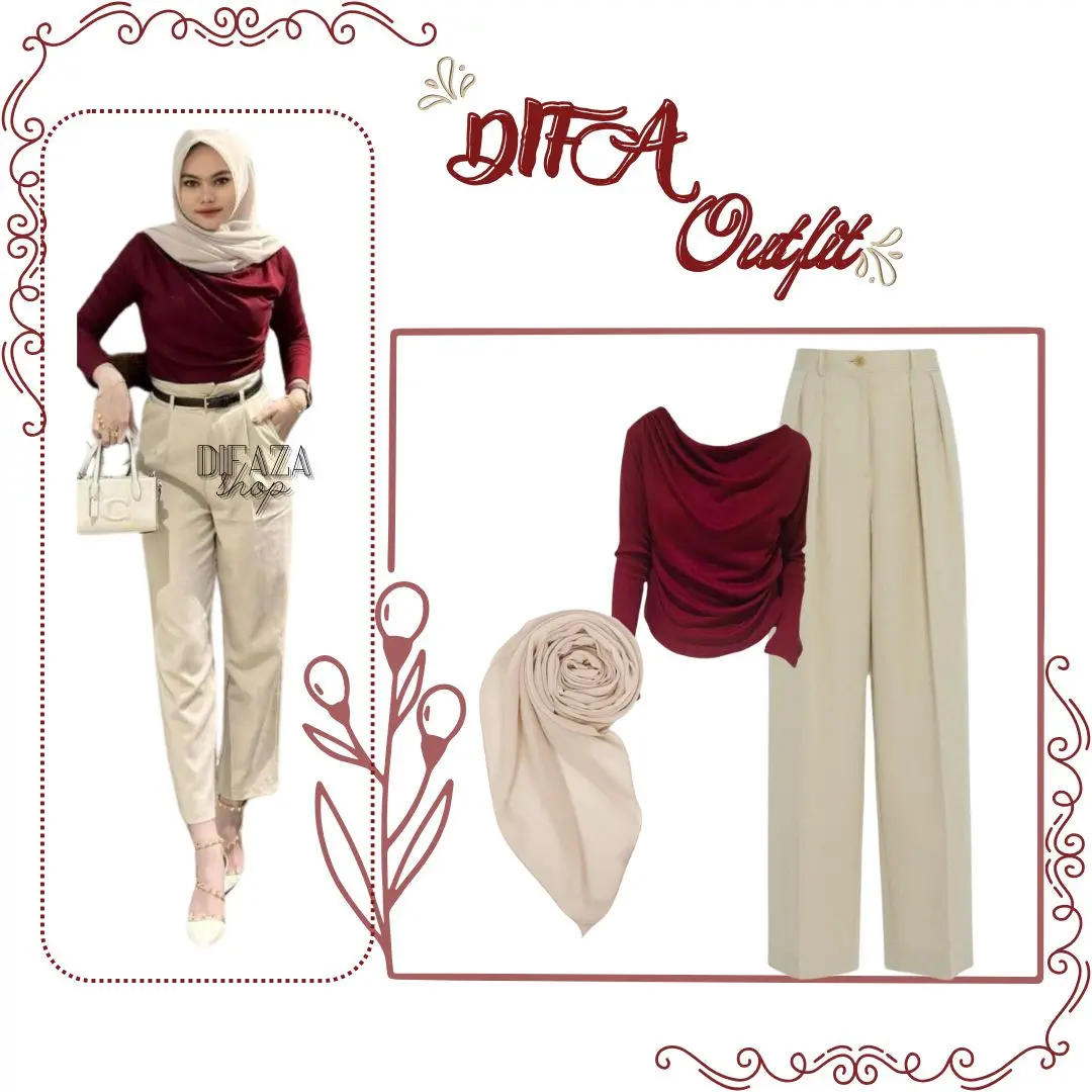 DF 531 - outfit difa hijab bella square biscuit april top maroon dan loose pants cream oneset 3in1 wanita korean style