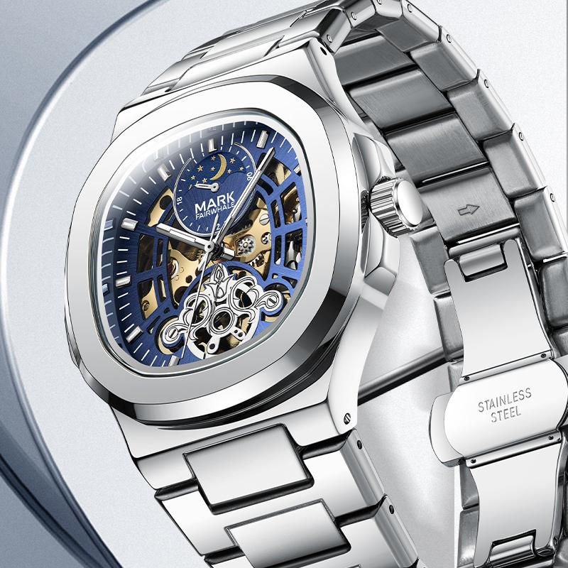 Đồng Hồ Cơ, Thương Hiệu Mark Fairwhale, Thời Trang Cao Cấp, Dành Cho Nam, Phong Cách Xu Hướng Đồng Hồ Vuông, Không Thấm Nước, Dạ Quang, Đa Chức Năng, Thiết Kế Rỗng Mặt Số Mặt Trời, Mặt Trăng Và Ngôi Sao, FW-6012