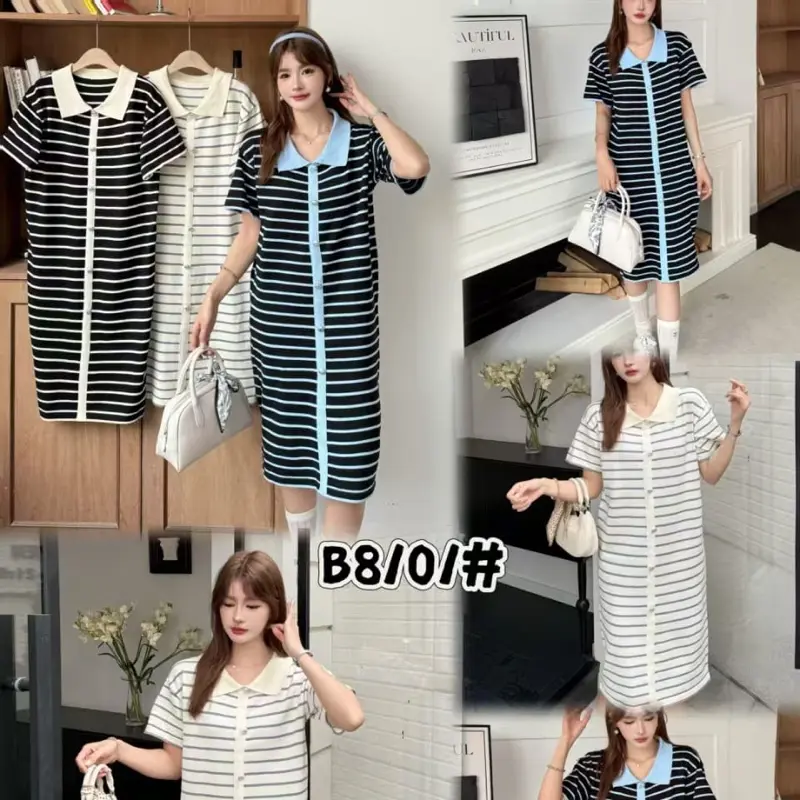 8101 DRES KNIT LENGAN PENDEK SALUR WANITA KANCING VARIASI