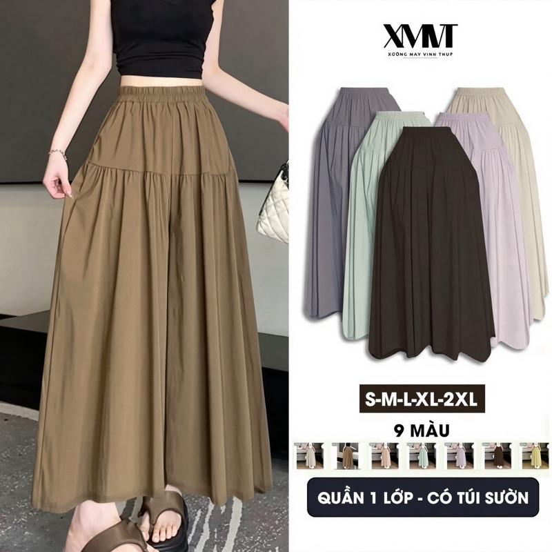 Quần dài nữ ống rộng nhún 2 tầng dáng váy xoè nhẹ cạp chun có big size màu đen nâu ghi be mặc 4 mùa (QD81- DÀI) quangachanvaydai quanvayquandai quanvay quanongrong