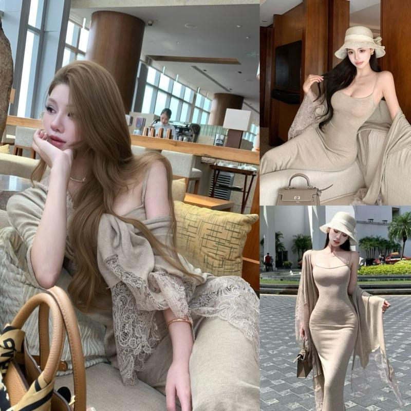    QC Chính Phẩm  Live Sao Gửi Vậy   Set Len Mỏng Gồm Váy 2s Dáng Dài Mix Choàng Len Pha Ren Slay Quyến Rũ Dành Cho Nữ Women Dress By DiepGz161125 