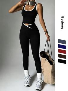 Nuevo conjunto deportivo para mujer de dos piezas para gimnasio y yoga, moda color block, ropa activa cómoda y transpirable, top sin mangas y pantalón largo