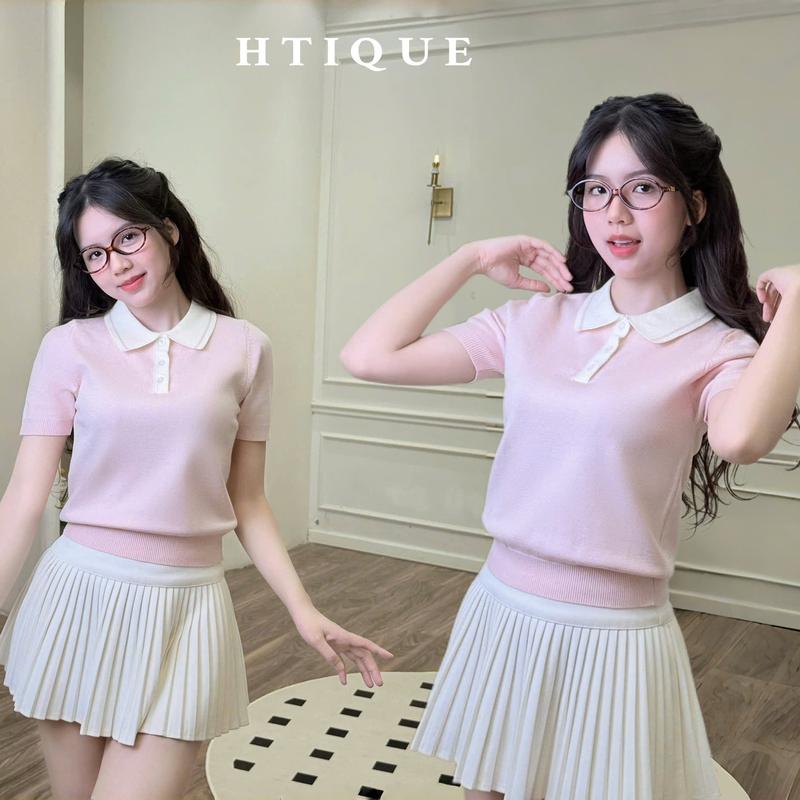 (BST hè HTIQUE) Deal mở bán Áo len polo cổ bẻ phong cách nhẹ nhàng nữ tính , Áo len dệt kim nữ kiểu dáng basic HT08