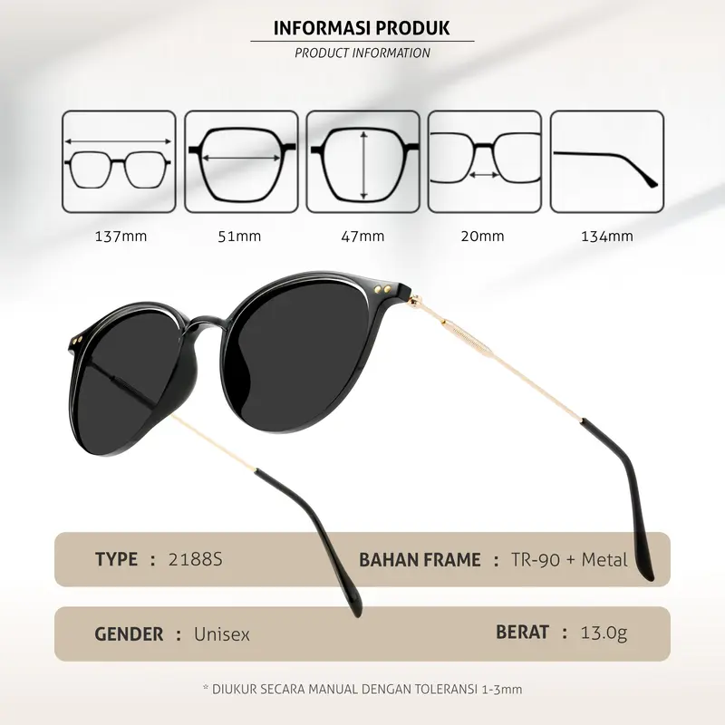 Kacamata Hitam Sunglasses Fashion Korean Style Pria Wanita Lensa UV400 Polarized Bentuk Oval Bahan TR-90 & Metal Colore.In Eyewear 2188s 5