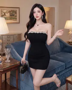 Korean Sexy Dress Elegant and Sexy Diamond Tube Top Black Skirt Women's Summer Hip-Covering Dress W1049 Casual Wanita Gaun Mini Baju Midi Atasan Pesta Simple Pantai Panjang Hitam Fit