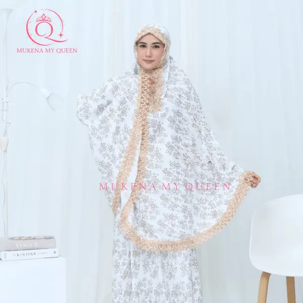 MyQueen - Mukena Dewasa 2in1 Checille Series Traveling Motif Bunga Full Printing Renda Mewah Jumbo Foil Premium Panjang Mukenah Wanita Cantik Remaja Muslim 4